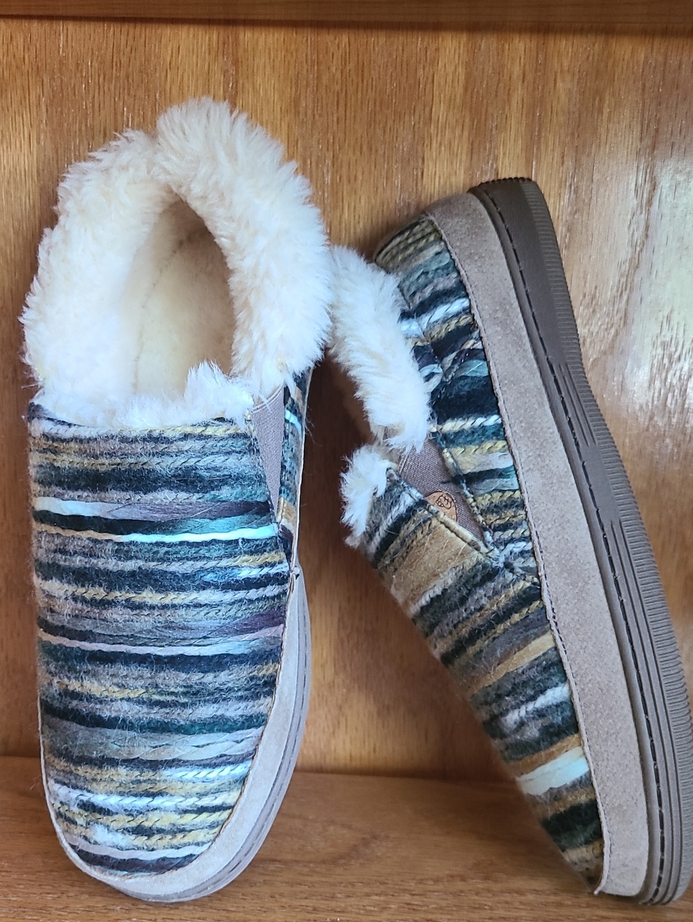 Faux-Fur Lined Slip-On Slippers in Multicolor Stripe By LAMO! NEW!